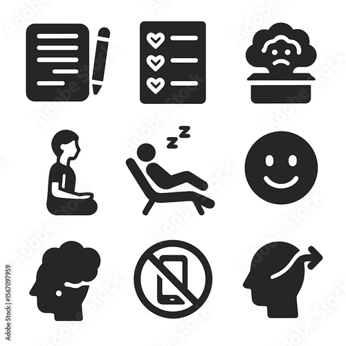 Mindfulness Icon Set. Solid, filled icons set of mental unwind practices: journal page, gratitude list, worry