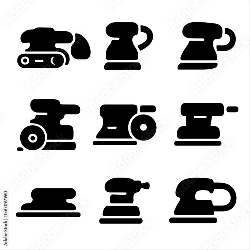 Sanding Machines Icons. Solid, filled icon set of sanding machines: belt sander, orbital sander, detail sander, drum sander, disc