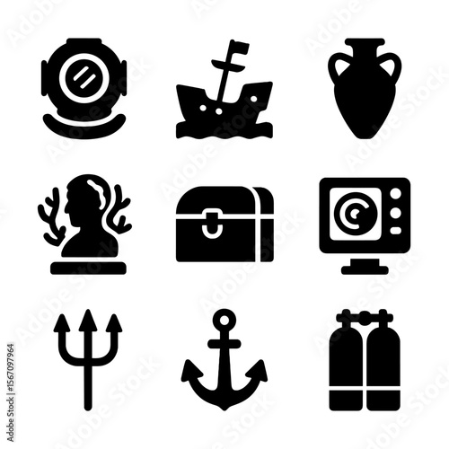 Underwater Archaeology Icons. Solid, filled icon set of underwater archaeology: diving helmet, sunken ship, amphora, coral-covered