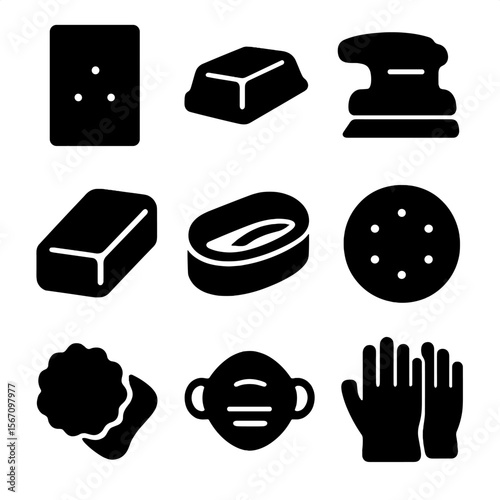 Sanding Tools Icons. Solid, filled icon set of sandpaper sheet tools: sandpaper sheet, sanding block, electric sander, sanding