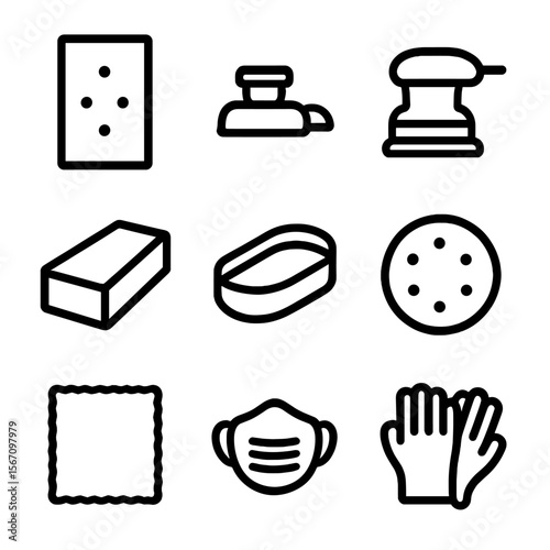 Sanding Tools Icons. Solid, filled icon set of sandpaper sheet tools: sandpaper sheet, sanding block, electric sander, sanding