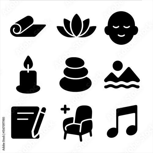 Mindfulness Icons Grid. Solid, filled icons set of mindfulness and self-care: yoga mat, lotus flower, calm