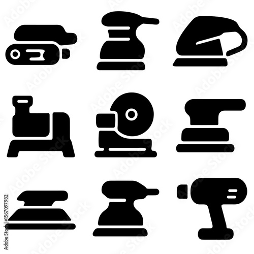 Sanding Machines Icons. Solid, filled icon set of sanding machines: belt sander, orbital sander, detail sander, drum sander, disc