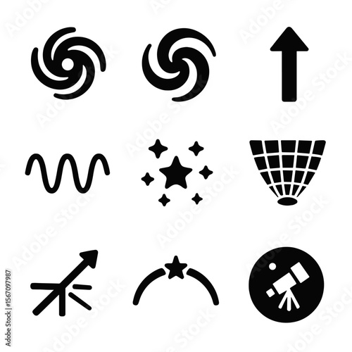 Universe Icons Grid. Solid, filled icon set of universe expansion: expanding galaxy, dark energy swirl, redshift arrow, cosmic