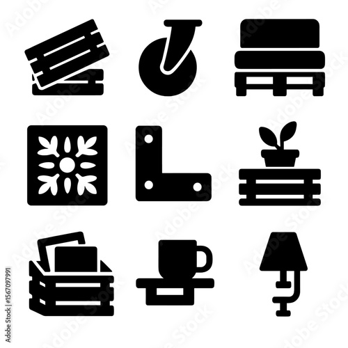 Upcycled Pallet Icons. Solid, filled icon set of upcycled pallet furniture: pallet planks, caster wheel, cushion pad, stencil