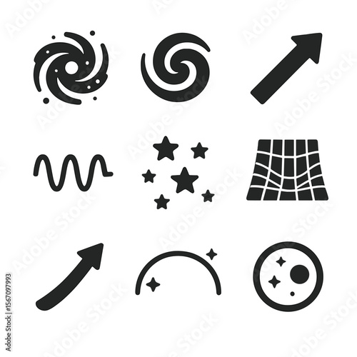 Universe Icons Grid. Solid, filled icon set of universe expansion: expanding galaxy, dark energy swirl, redshift arrow, cosmic