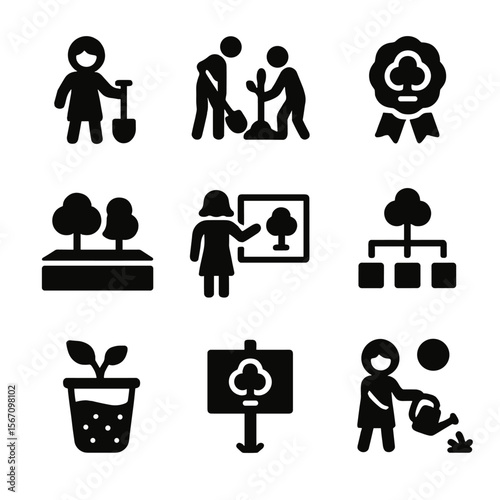 School Tree Program Icons. Solid, filled icon set of school tree programs: child with shovel, class planting day, tree award