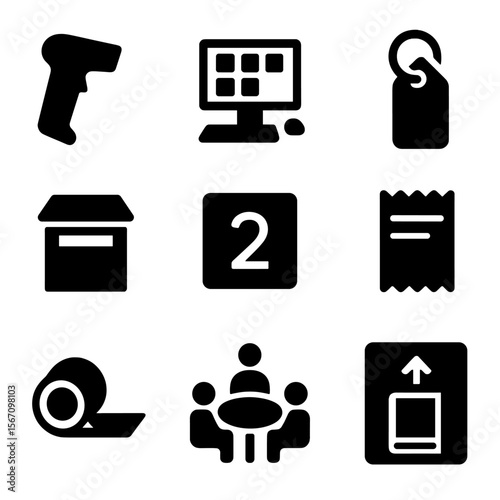 School Library Icons. Solid, filled icon set of school library tools: checkout scanner, catalog computer, library pass, book drop