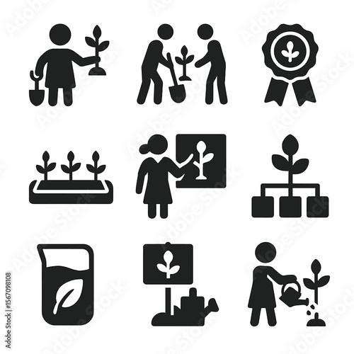 School Tree Program Icons. Solid, filled icon set of school tree programs: child with shovel, class planting day, tree award