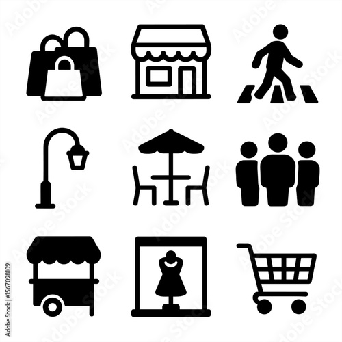 Urban Shopping Icons. Solid, filled icon set of Walking in a busy shopping street: shopping bags, storefront, pedestrian crossing,