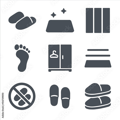 Minimalist Indoor Gear Icons. Solid, filled icons set of minimalist indoor gear: simple slippers, clean mat,