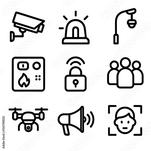 Urban Safety Icons. Solid, filled icon set of urban safety: surveillance cameras, emergency sirens, smart streetlights with