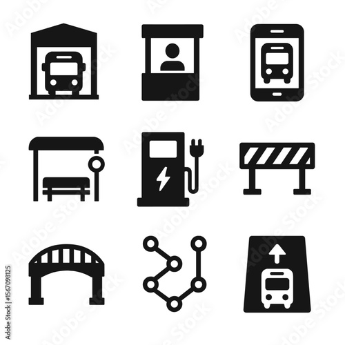 Urban Transport Icons. Solid, filled icon set of urban transport infrastructure: bus depot, ticket booth, transit app, bus stop