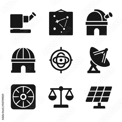 Scientific Icon Grid. Solid, filled icon set of scientific instruments: spectrometer, star chart, observatory, planetarium,