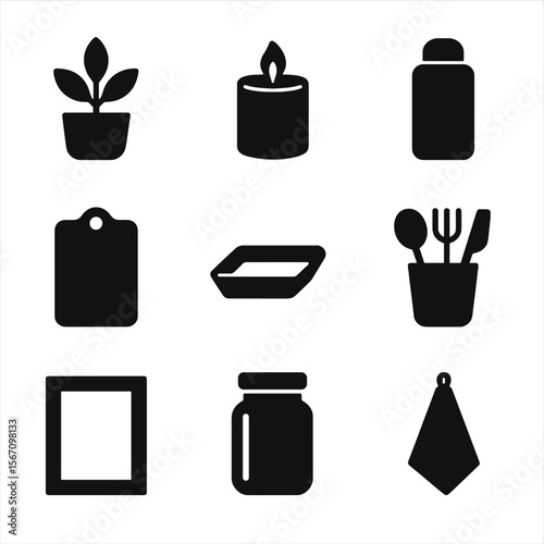 Minimalist Kitchen Icons. Solid, filled icons set of minimalist kitchen decor: single plant pot, candle, sleek
