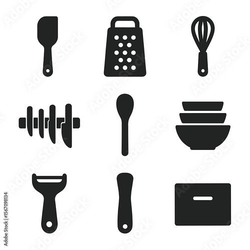 Minimalist Kitchen Icons. Solid, filled icons set of minimalist kitchen tools: silicone spatula, compact