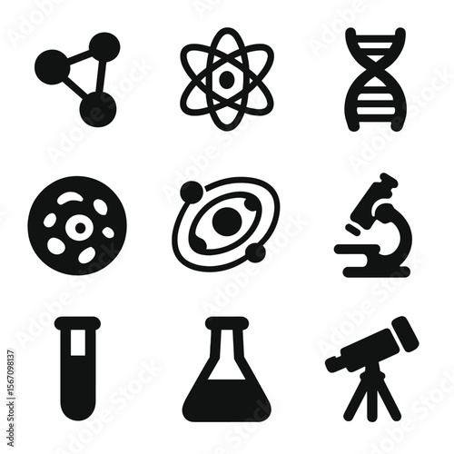 Scientific Model Icons. Solid, filled icon set of scientific models: molecule, atom, DNA strand, cell structure, solar system,