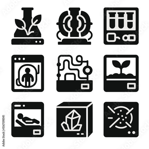 Scientific Research Icons. Solid, filled icon set of scientific research modules: biology lab, physics chamber, chemical analyzer,