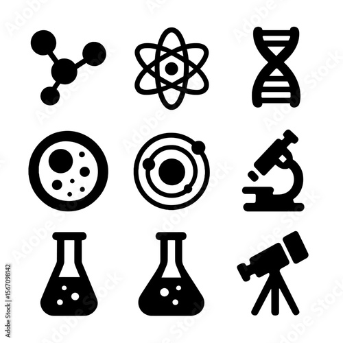 Scientific Model Icons. Solid, filled icon set of scientific models: molecule, atom, DNA strand, cell structure, solar system,