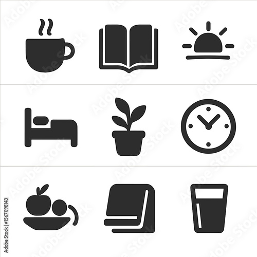 Minimalist Morning Icons. Solid, filled icons set of minimalist morning rituals: single cup, quiet book,