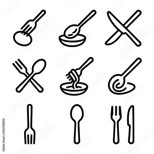 Utensil Icon Grid. Solid, filled icon set of utensils in use: fork piercing food, spoon scooping soup, knife cutting, crossed fork