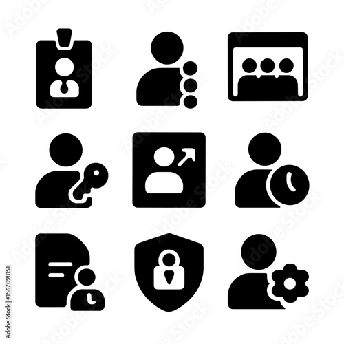 User Management Icons. Solid, filled icon set of user management tools: admin badge, permission level, team dashboard, access