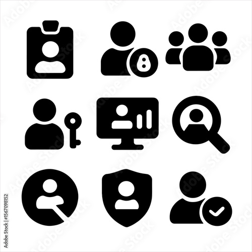 User Management Icons. Solid, filled icon set of user management tools: admin badge, permission level, team dashboard, access