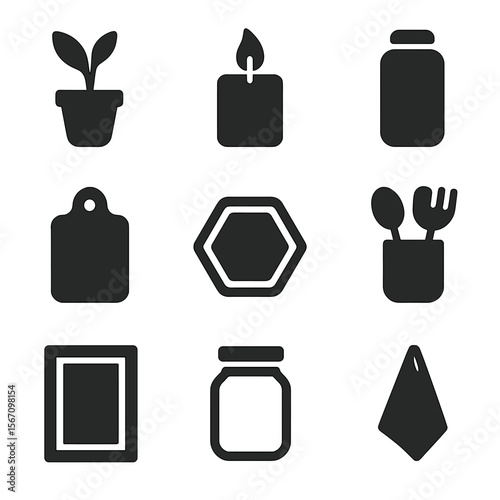 Minimalist Kitchen Icons. Solid, filled icons set of minimalist kitchen decor: single plant pot, candle, sleek