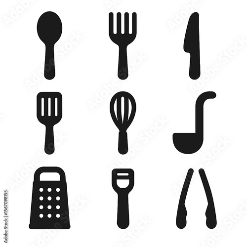 Utensil Icon Grid. Solid, filled icon set of cooking utensils: spoon, fork, knife, spatula, whisk, ladle, grater, peeler, tongs.