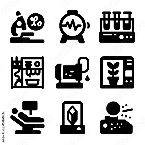Scientific Research Icons. Solid, filled icon set of scientific research modules: biology lab, physics chamber, chemical analyzer,