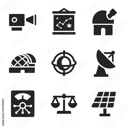 Scientific Icon Grid. Solid, filled icon set of scientific instruments: spectrometer, star chart, observatory, planetarium,