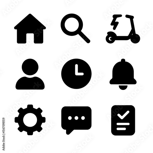 Scooter App Icon Set. Solid, filled icon set of scooter rental app interface: home screen, search bar, scooter availability, user