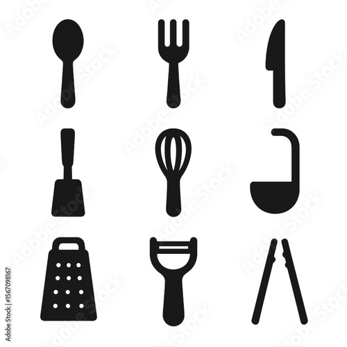 Utensil Icon Grid. Solid, filled icon set of cooking utensils: spoon, fork, knife, spatula, whisk, ladle, grater, peeler, tongs.
