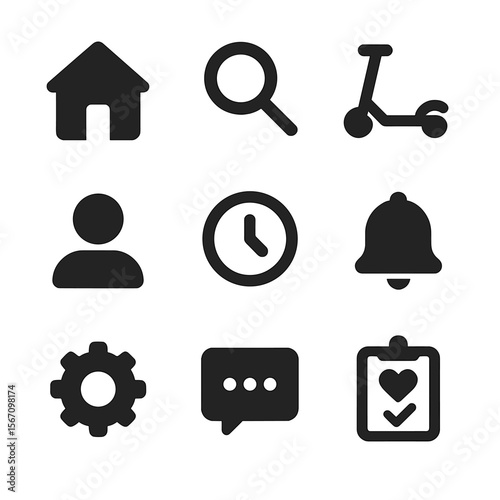 Scooter App Icon Set. Solid, filled icon set of scooter rental app interface: home screen, search bar, scooter availability, user