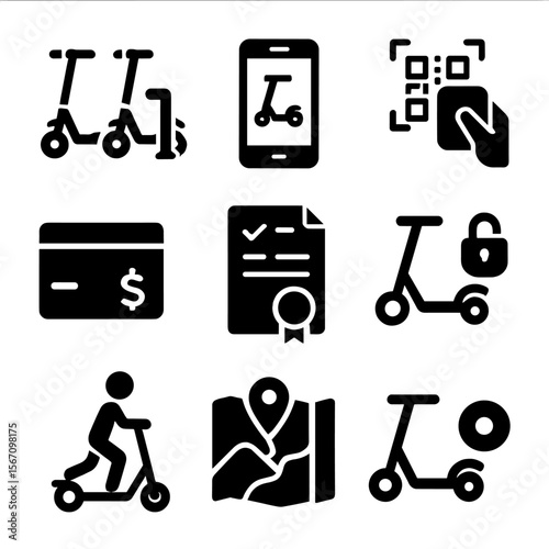 Scooter Rental Icons. Solid, filled icon set of renting a scooter process: scooter dock, mobile app, QR code scan, payment method,