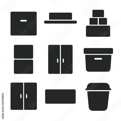 Minimalist Storage Icons. Solid, filled icons set of minimalist storage design: clean drawer, hidden shelf,
