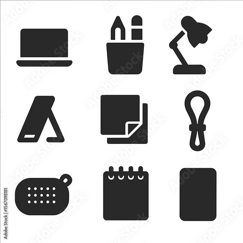 Minimalist Office Kit Icons. Solid, filled icons set of minimalist office kits: slim laptop, pencil case, mini