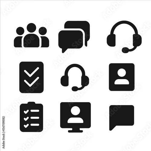 UX Collaboration Icons. Solid, filled icon set of UX collaboration: group meeting, chat screen, headset, checklist, video call.