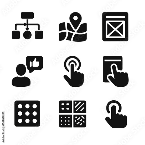 UX Design Icons. Solid, filled icon set of UX design for haptics: user flow, tactile map, interface sketch, feedback icon,