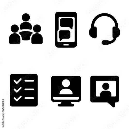 UX Collaboration Icons. Solid, filled icon set of UX collaboration: group meeting, chat screen, headset, checklist, video call.