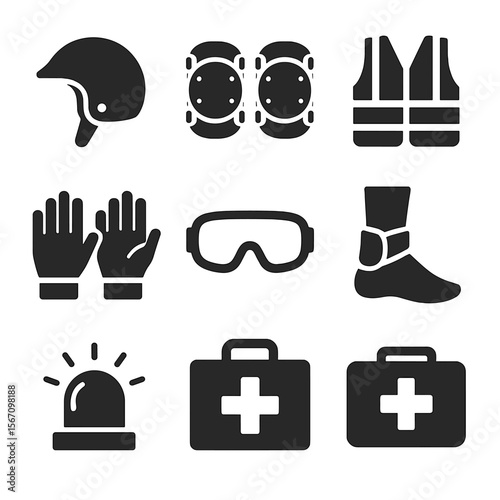 Scooter Safety Icons. Solid, filled icon set of scooter safety gear: helmet, knee pads, elbow pads, reflective vest, gloves,