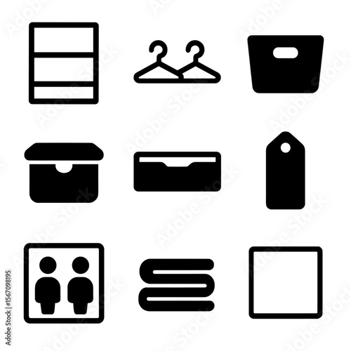 Minimalist Wardrobe Icons. Solid, filled icons set of minimalist shared wardrobe layout: clean shelves, dual