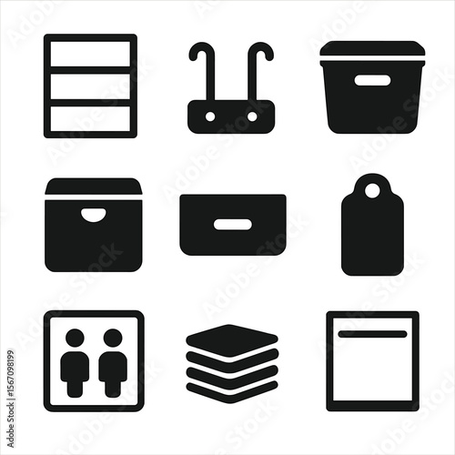 Minimalist Wardrobe Icons. Solid, filled icons set of minimalist shared wardrobe layout: clean shelves, dual