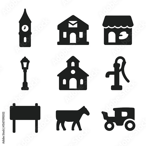 Village Icon Set. Solid, filled icon set of village and town icons: clock tower, post office, bakery, bookshop, lamppost,