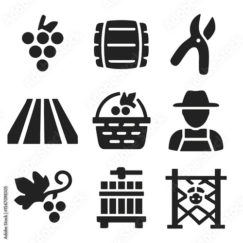 Vineyard Harvest Icons. Solid, filled icon set of vineyard harvest: grape bunch, wine barrel, pruning shears, vineyard rows, grape