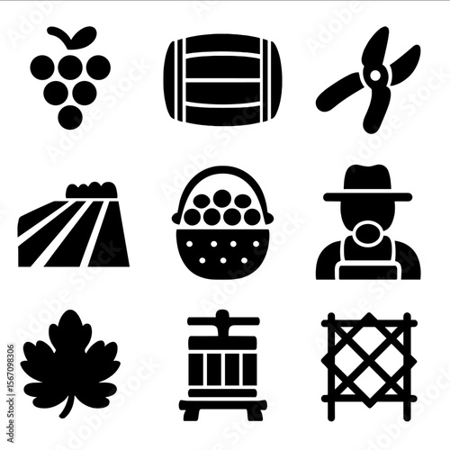 Vineyard Harvest Icons. Solid, filled icon set of vineyard harvest: grape bunch, wine barrel, pruning shears, vineyard rows, grape
