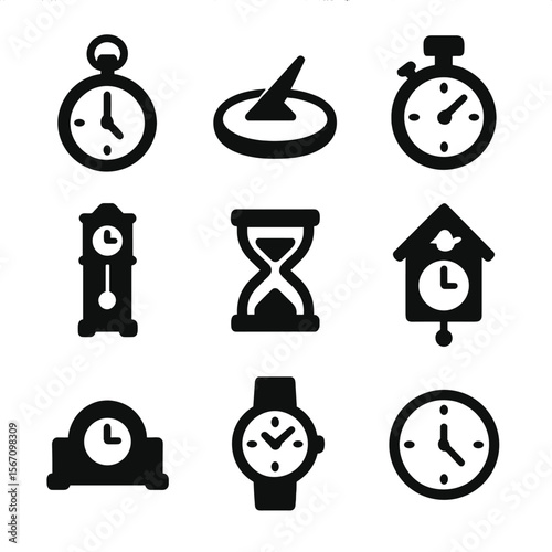 Vintage Clock Icons. Solid, filled icon set of vintage clocks and timepieces: pocket watch, sundial, stopwatch, grandfather clock,