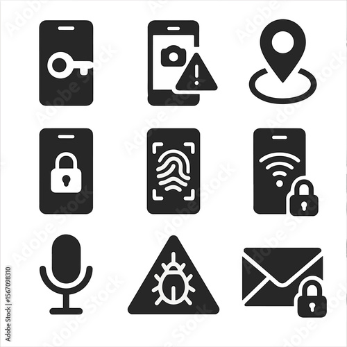 Mobile Security Icons. Solid, filled icons set of mobile privacy and threats: app permission icon, camera