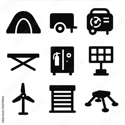 Mobile Survival Icons. Solid, filled icons set of mobile survival shelters: collapsible tent, wheeled base,