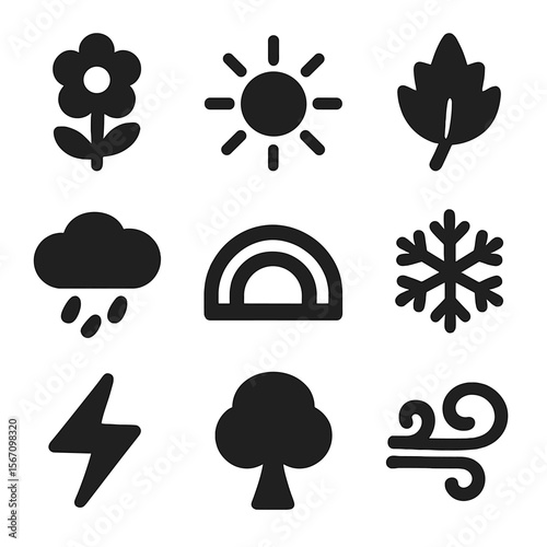 Seasonal Icons Grid. Solid, filled icon set of The Seasons: spring flower, summer sun, autumn leaf, winter snowflake, rain cloud,